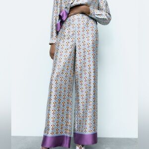 Zara Satin Effect Printed Wide Leg Pants